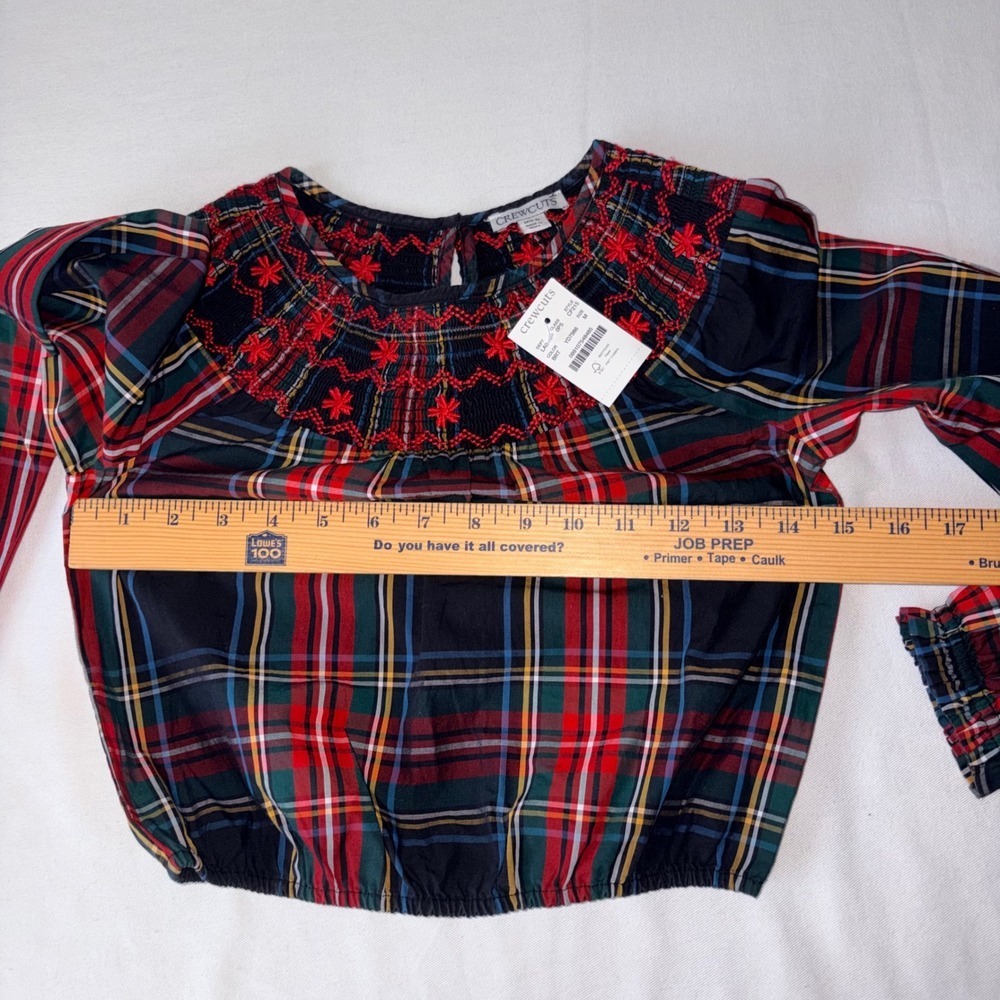 Crewcuts Girls Plaid Smocked Embroidered Top Long Sleeve Red Black Size M age 8 - Picture 6 of 9